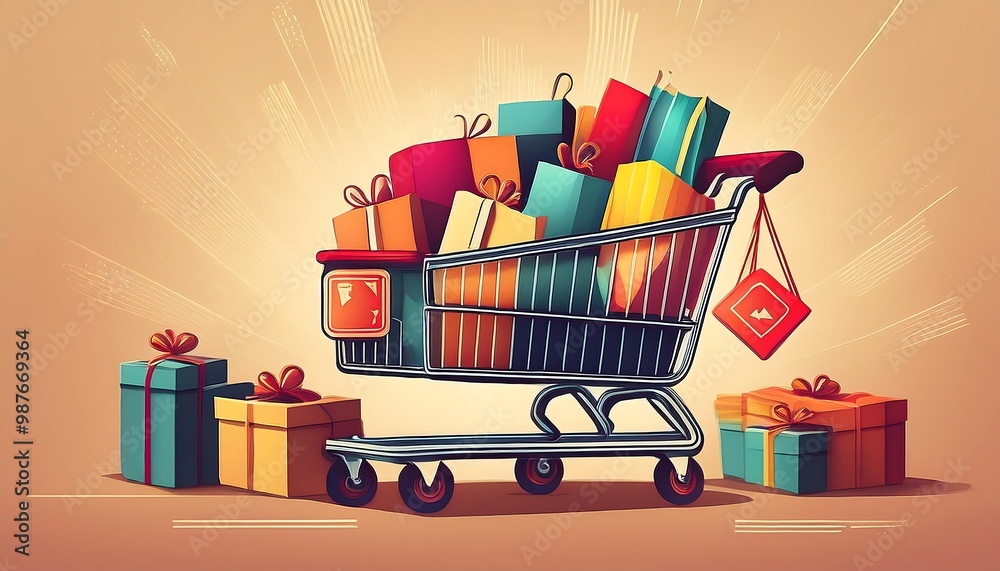 Obraz premium Shopping Frenzy Flat Art Featuring a Shopping Cart Brimming with Neatly Designed Boxes and Bags Alongside a Large Sale Tag Perfect for Black Friday Promotions. Graphic art illustration