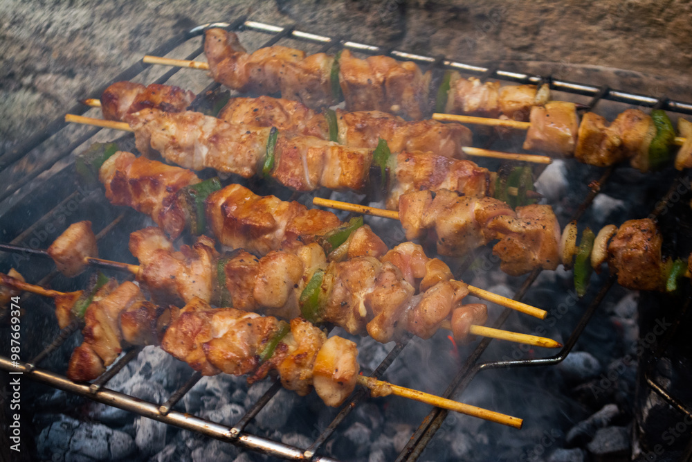 Chicken skewers with peppers on barbecue and fire Chicken skewers with peppers on barbecue and fire