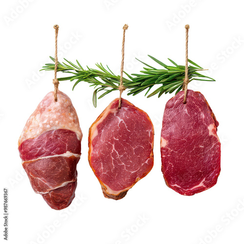 Various hanging meats with aromatic herbs isolated.