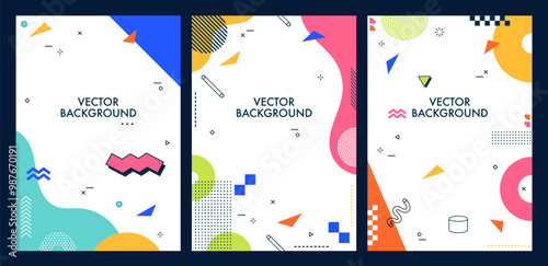 Modern Memphis posters with abstract geometric shapes. Vibrant vector backgrounds, vertical covers or cards with bold colors and playful patterns, dynamic visual composition with retro-futuristic vibe photo