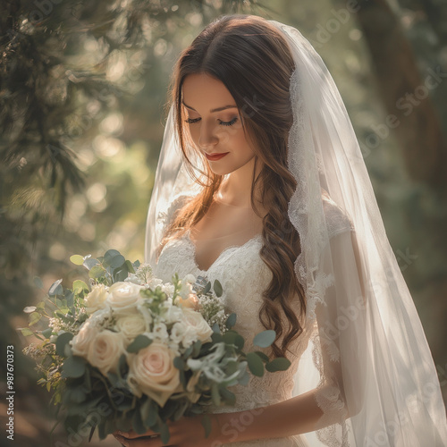 A serene bride in a lush outdoor setting, holding a beautiful bouquet, radiating joy and elegance on her special day. photo