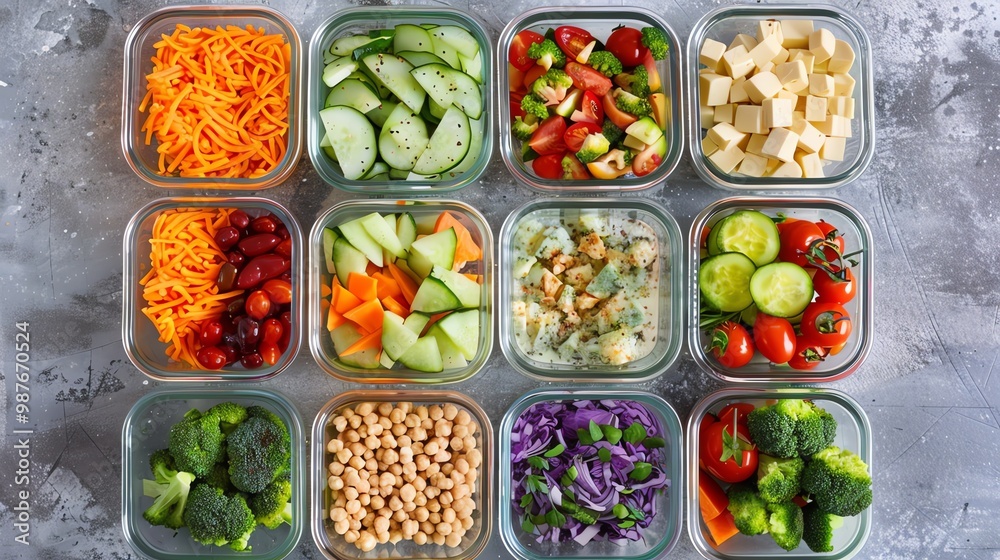 A colorful and healthy selection of fresh ingredients in glass containers, perfect for meal prepping or a delicious salad. A colorful and healthy selection of fresh ingredients in glass containers, perfect for meal prepping or a delicious salad.