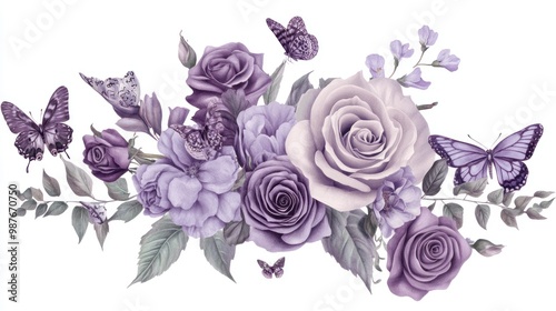 Watercolor Bouquet of Purple Roses and Butterflies