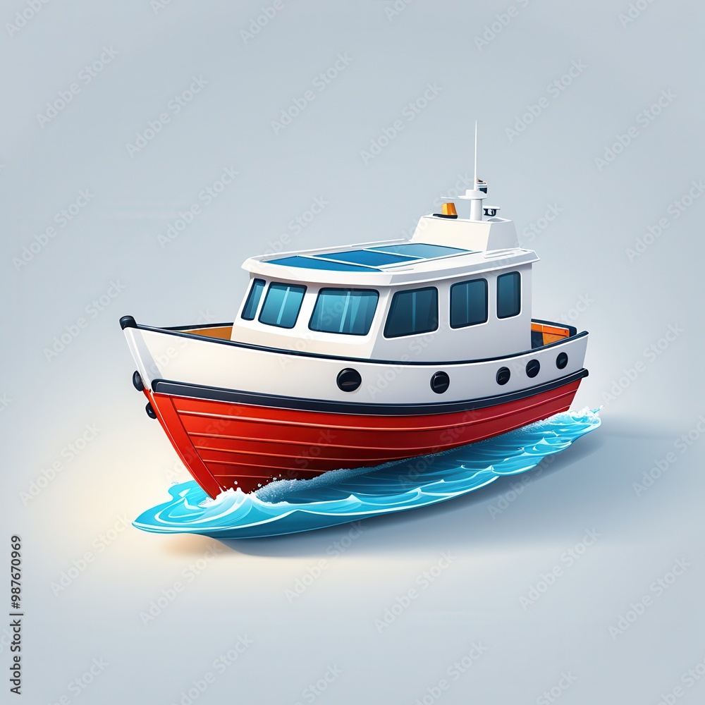A cartoon-style boat with a red hull and solar panels, sailing on blue waves. A cartoon-style boat with a red hull and solar panels, sailing on blue waves.