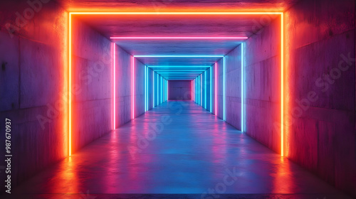 Neon Lights in a Concrete Corridor - 3D Illustration