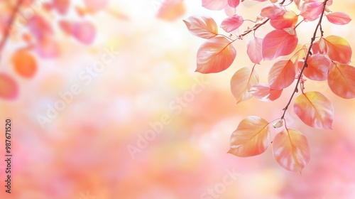 Tender trsanlucent autumn branch with yellow leaves foliage on bokeh background outdoors