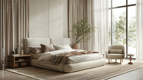 Modern Minimalist Bedroom Interior Design with Large Window and Natural Light