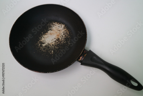 Old scratched non-stick pan isolated on white background. Pan peeling off. there is a possibility of toxic particles and gases, some of them carcinogenic, being released.