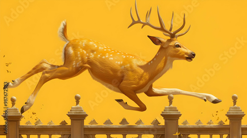 A Fawn Leaps Over a Fence, Yellow Background, Copy Space