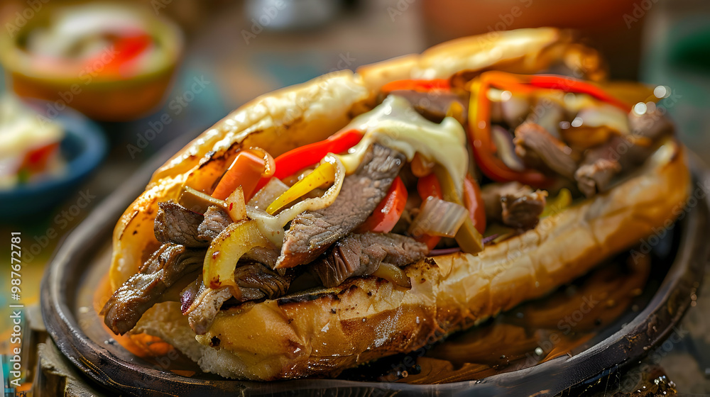 Grilled Steak Sandwich with Melted Cheese and Peppers