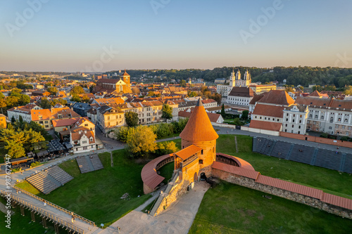 Aerial summer evening view of Kaunas old town, Lithuania