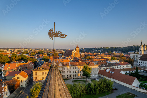 Tableau sur toile Aerial summer evening view of Kaunas old town, Lithuania