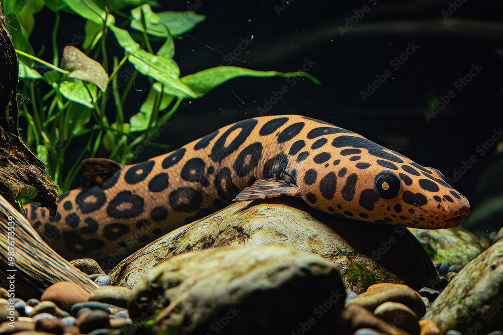 Obraz premium A striking eel with bold spot patterns rests on a rock in a brightly lit home aquarium, depicting the tranquility of aquatic life, surrounded by lush greenery and stones.