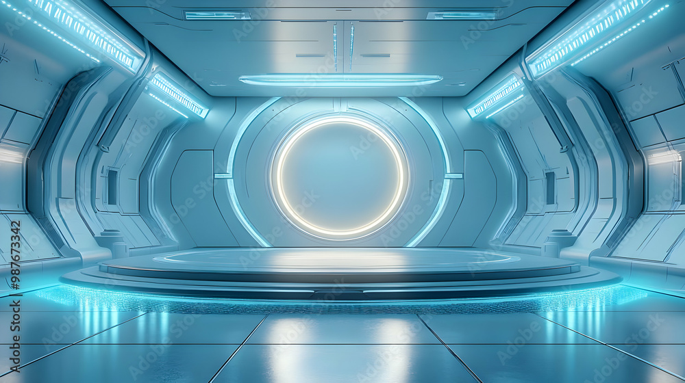 Obraz premium Futuristic Blue Sci-Fi Interior 3D Render