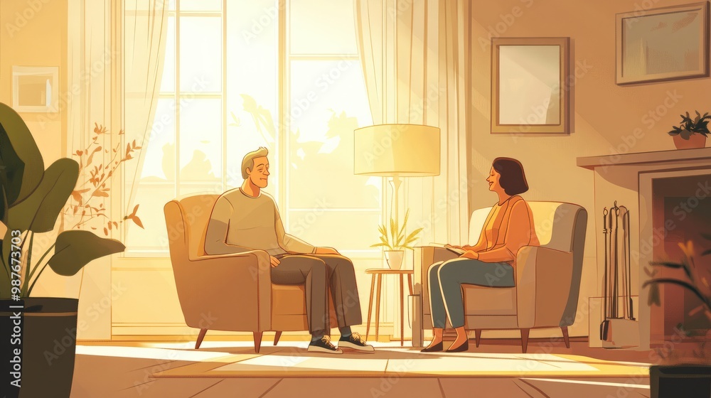 A comforting home care service scene, showing a caregiver providing assistance to an elderly patient in a cozy, well-lit living room, highlighting compassion and personalized care A comforting home care service scene, showing a caregiver providing assistance to an elderly patient in a cozy, well-lit living room, highlighting compassion and personalized care