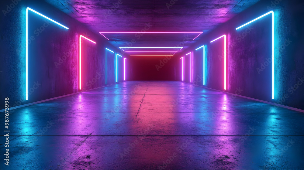 3D Neon Lights in a Concrete Tunnel 3D Neon Lights in a Concrete Tunnel