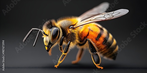 A close-up of a bee with its wings spread out, its fuzzy body and black eyes are visible. The bee is in focus against a dark background.