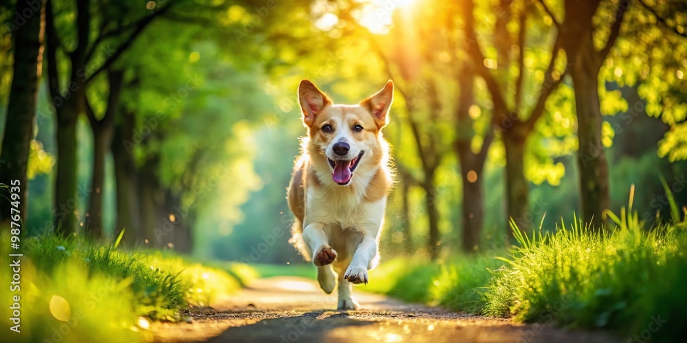 Energetic Dog Running Along a Scenic Path in a Lush Green Park on a Bright Sunny Day Energetic Dog Running Along a Scenic Path in a Lush Green Park on a Bright Sunny Day