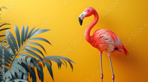 Flamingo Standing on Yellow Background with Copy Space