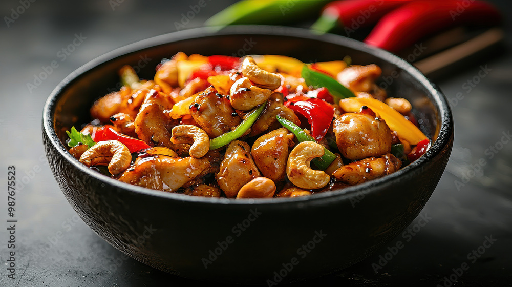 Fototapeta premium A delicious stir-fry featuring tender chicken pieces, colorful vegetables, and crunchy cashews, all tossed in a flavorful sauce and served in a black bowl, highlighting its vibrant appeal.
