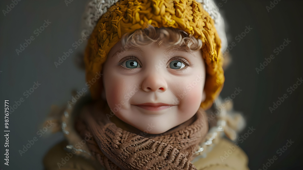 A Little One's Smile, Full of Joy and Warmth, Wearing a Knit Hat and Scarf, Against a Gray Background, With Copy Space A Little One's Smile, Full of Joy and Warmth, Wearing a Knit Hat and Scarf, Against a Gray Background, With Copy Space