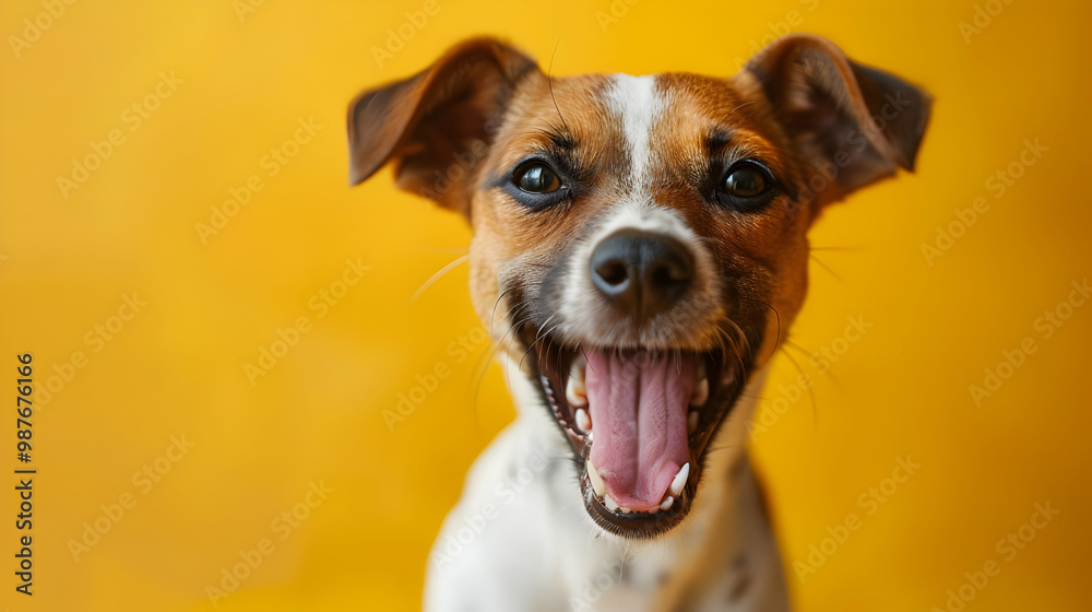 Happy Dog with Open Mouth and Copy Space, Smiling Canine on Yellow Background Happy Dog with Open Mouth and Copy Space, Smiling Canine on Yellow Background