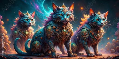 Enigmatic Cerberus Cat with Three Heads, a Unique Feline Creature in a Mystical Fantasy Setting