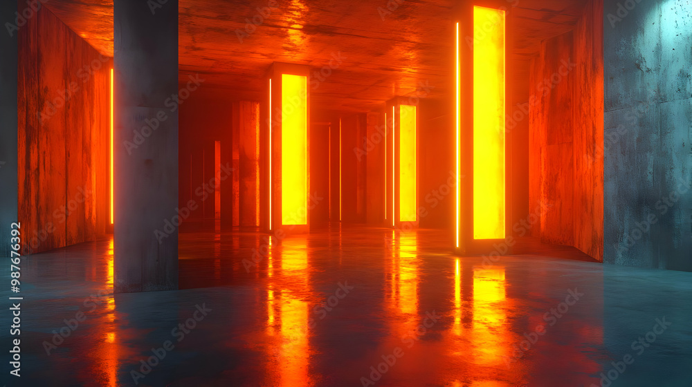 Orange and Yellow Neon Lights in a Concrete Room 3D Illustration