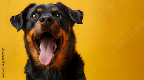 Happy Rottweiler Dog with Copy Space on Yellow Background