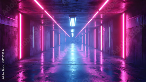 Neon Lights in a Concrete Corridor 3D Illustration