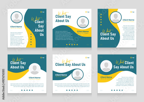 Client feedback social media post bundle carousel template design. Clean and modern client testimonial banner set template. Customer review or rating template