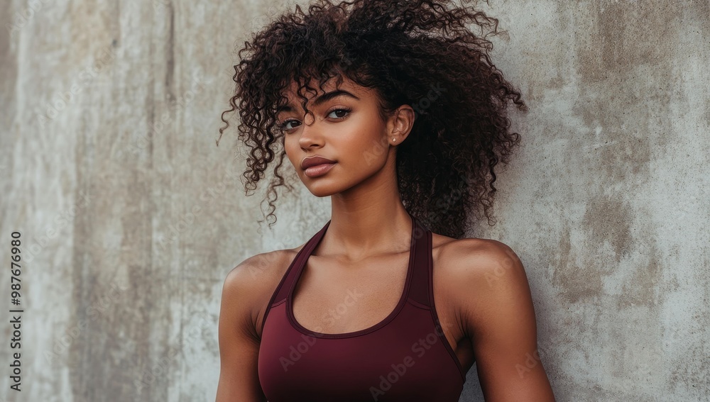 Woman with curly hair in red sports bra. Woman with curly hair in red sports bra.