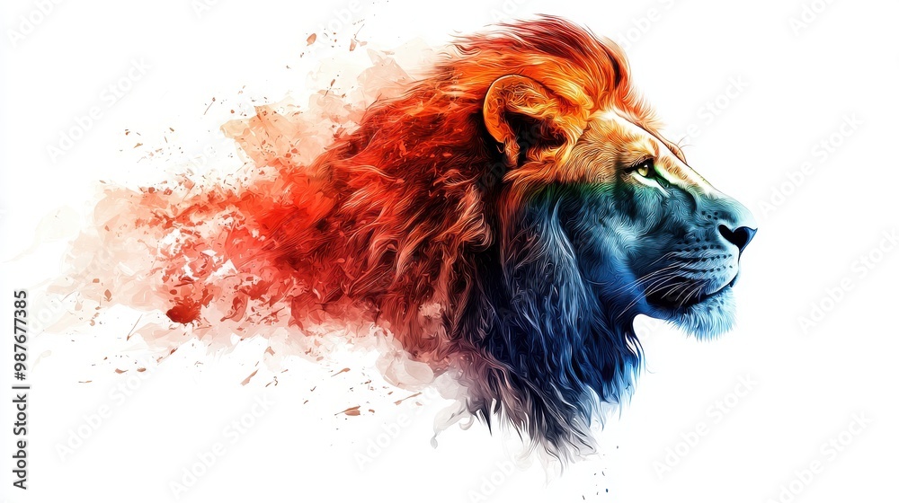 Naklejka premium Colorful Abstract Lion Art with Dynamic Brush Strokes