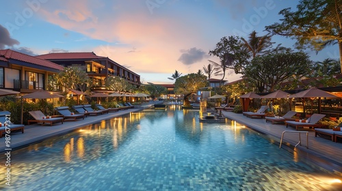 A tranquil poolside scene at dusk. The water is still and reflects the warm glow of the setting sun.