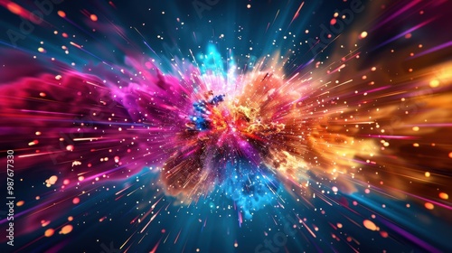 A vibrant explosion of colors resembling a cosmic nebula, filled with bright particles and swirling gases, creating an awe-inspiring visual effect.