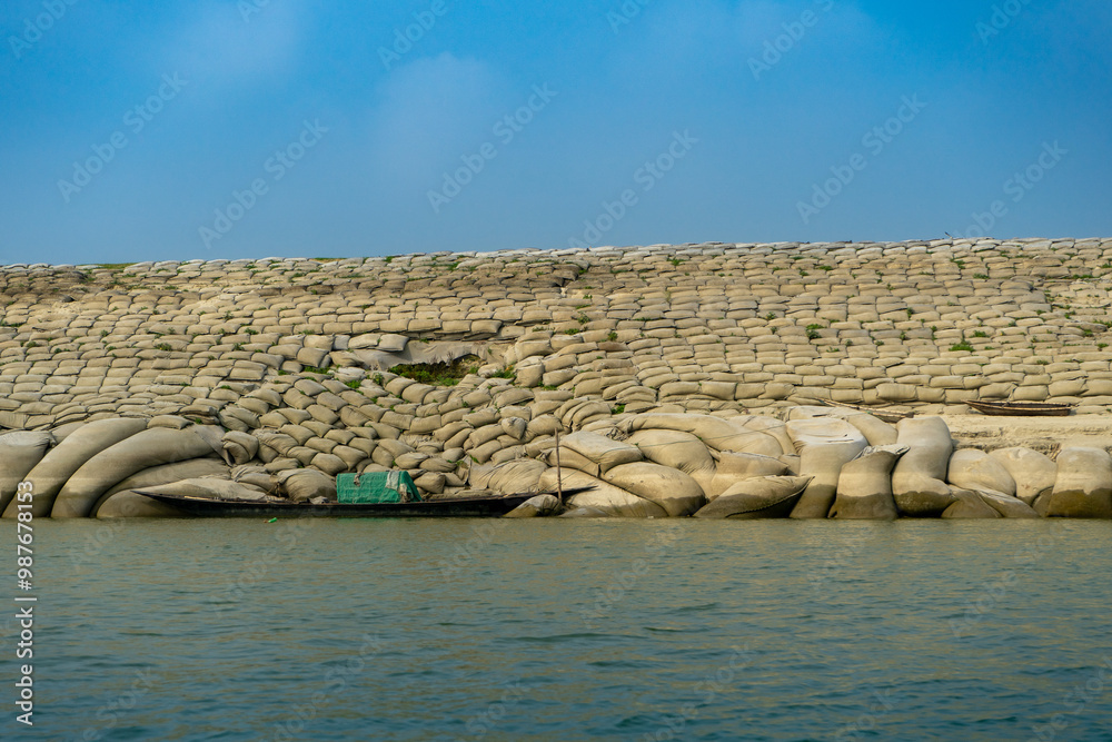 Sandbags, geobags to protect riverbank from erosion and flooding. Bangladesh, Padma River.