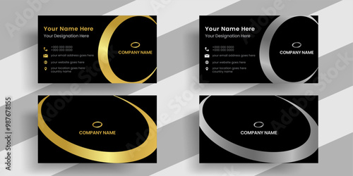  Elegant dark back background with abstract golden wavy lines shiny luxury business card design template.