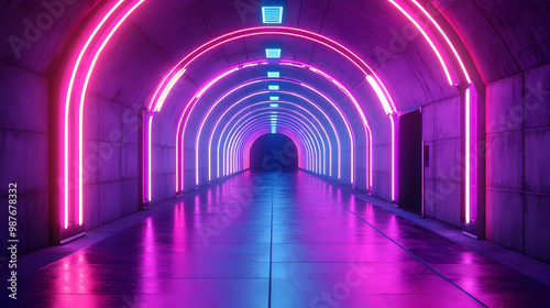 Neon Tunnel with Pink and Blue Lights 3D Illustration