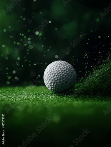 Close-up of a golf ball on green grass with water droplets, creating a fresh and dynamic feel, perfect for sports and nature themes.