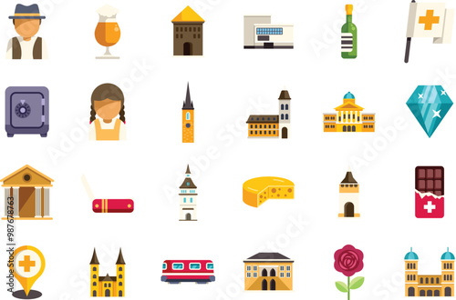 Swiss traditional symbols including famous landmarks, food and people wearing traditional swiss clothing