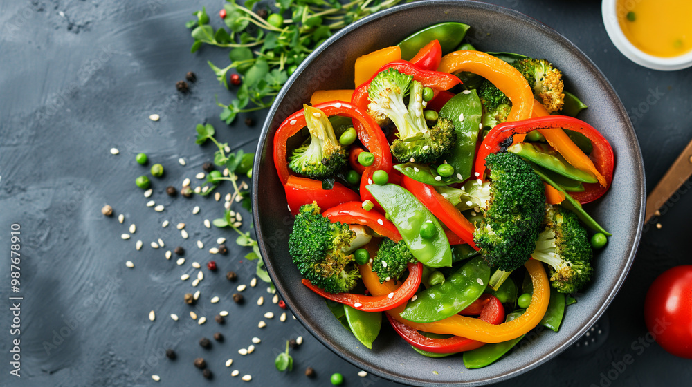 Fresh vegetable stir-fry with broccoli, bell peppers, and snap peas, modern kitchen setting, vibrant textures, healthy vegetarian meal Fresh vegetable stir-fry with broccoli, bell peppers, and snap peas, modern kitchen setting, vibrant textures, healthy vegetarian meal