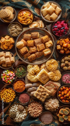 banner background of Navratri Day an artistic collage of traditional sweets and snacks laid out on a colorful cloth, with intricate details showcasing textures, 