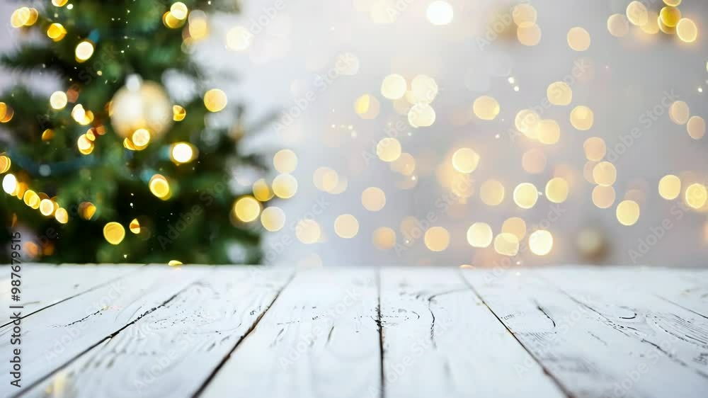 A white wooden empty table with a Christmas tree on the bokeh and a blurry Christmas background with lights