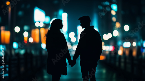 Silhouette of a Couple Holding Hands at Night in a Vibrant Cityscape with Blurred Lights photo