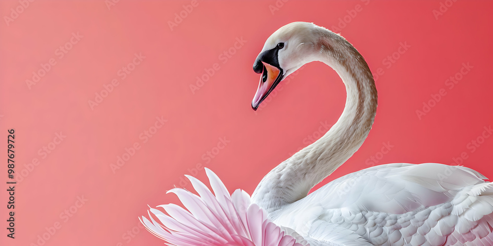 Naklejka premium White Swan with Pink Feathers Against a Red Background, Creating Elegant Copy Space