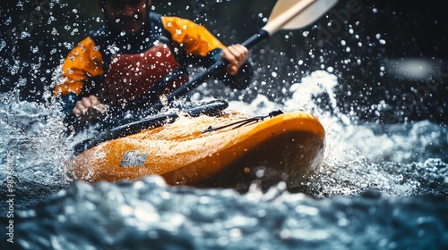 A kayaker paddles through a river, creating a spray of water. The kayaker is wearing a yellow life jacket and is focused on the task at hand.