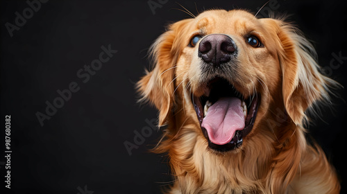 Golden Retriever Panting with Tongue Out Against a Black Background, Copy Space for Text