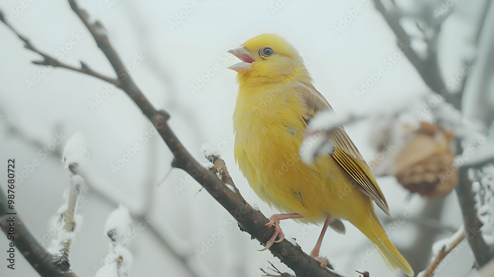 Yellow Bird Singing on a Snowy Branch, Winter Wonderland Copy Space Yellow Bird Singing on a Snowy Branch, Winter Wonderland Copy Space