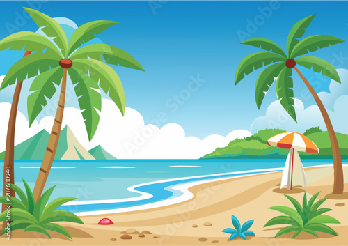 tropical island beach on a sunny day, cartoon illustration