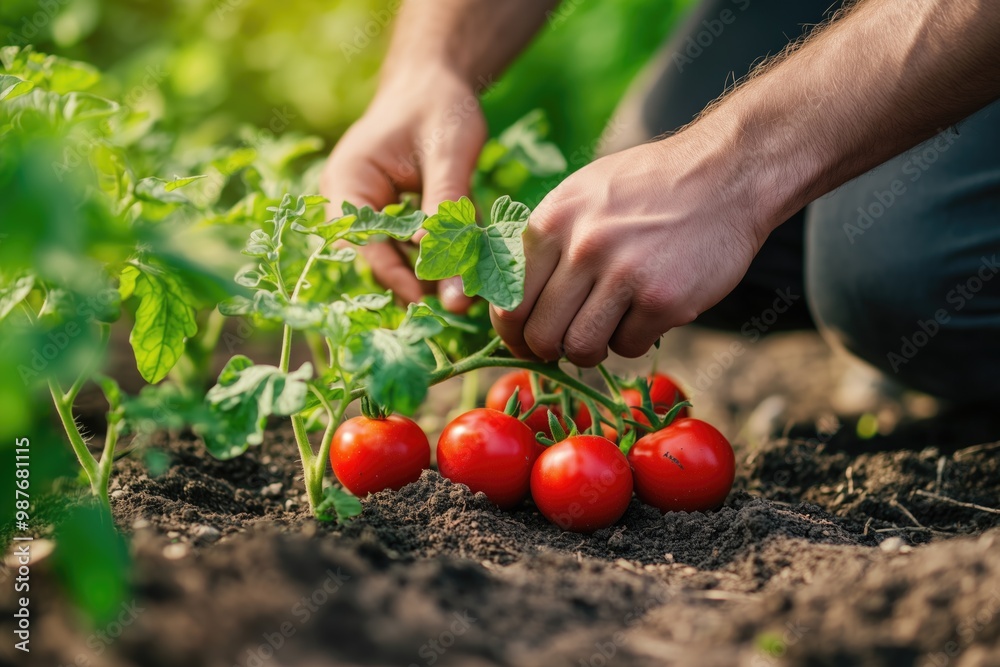 Hands gathering ripe red tomatoes crop near the ground